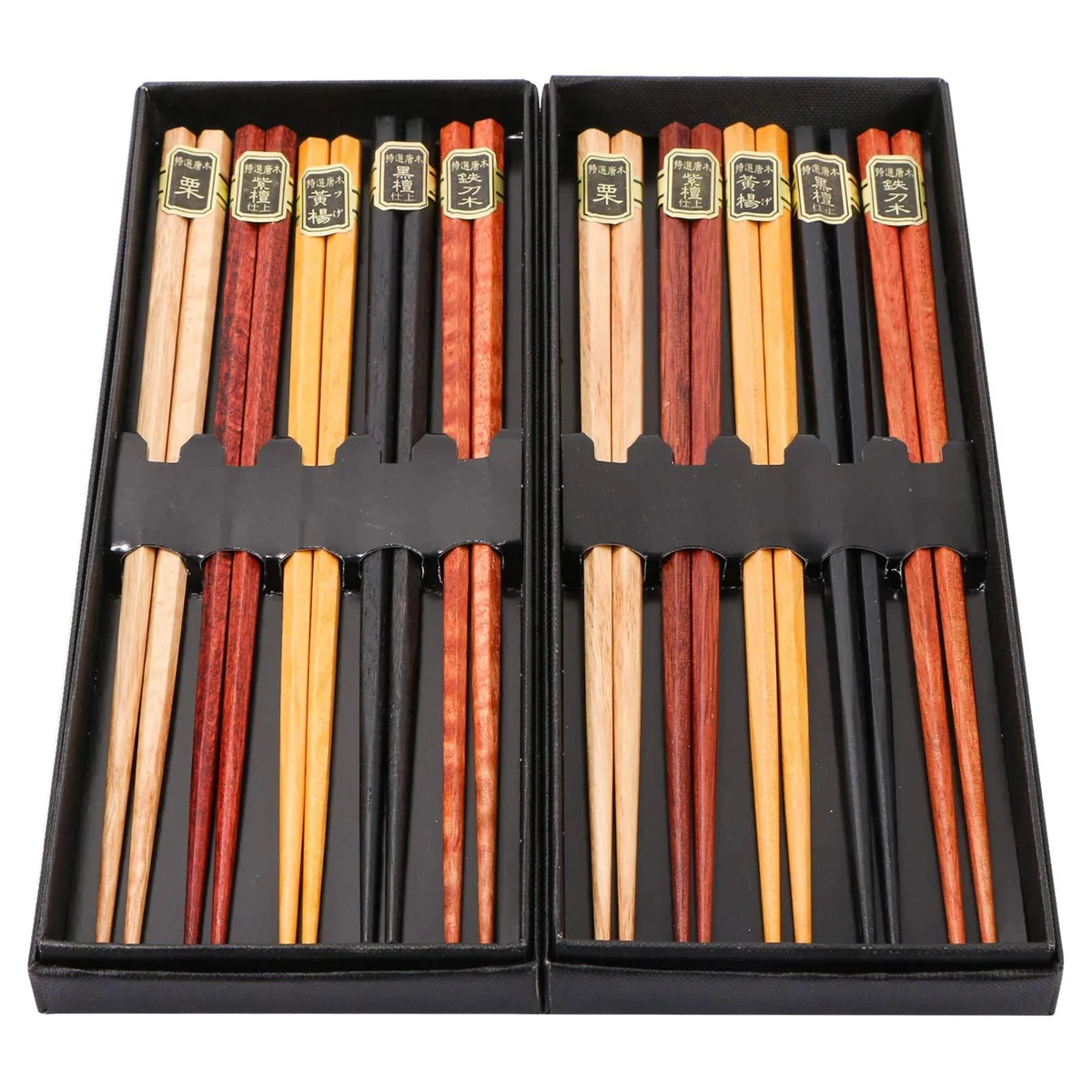 24-piece black stainless-steel cutlery set with wooden handles in a box