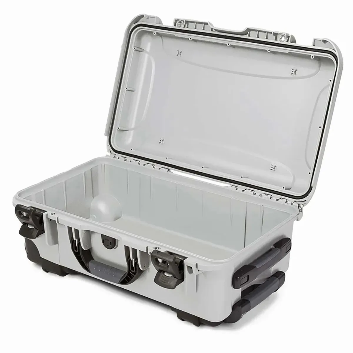 Silver wheeled waterproof case with integrated latches and handle