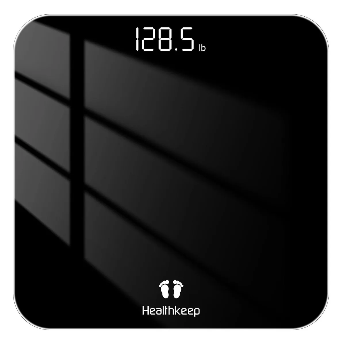Black square mini bathroom scale with rounded corners, tempered glass surface and LED display