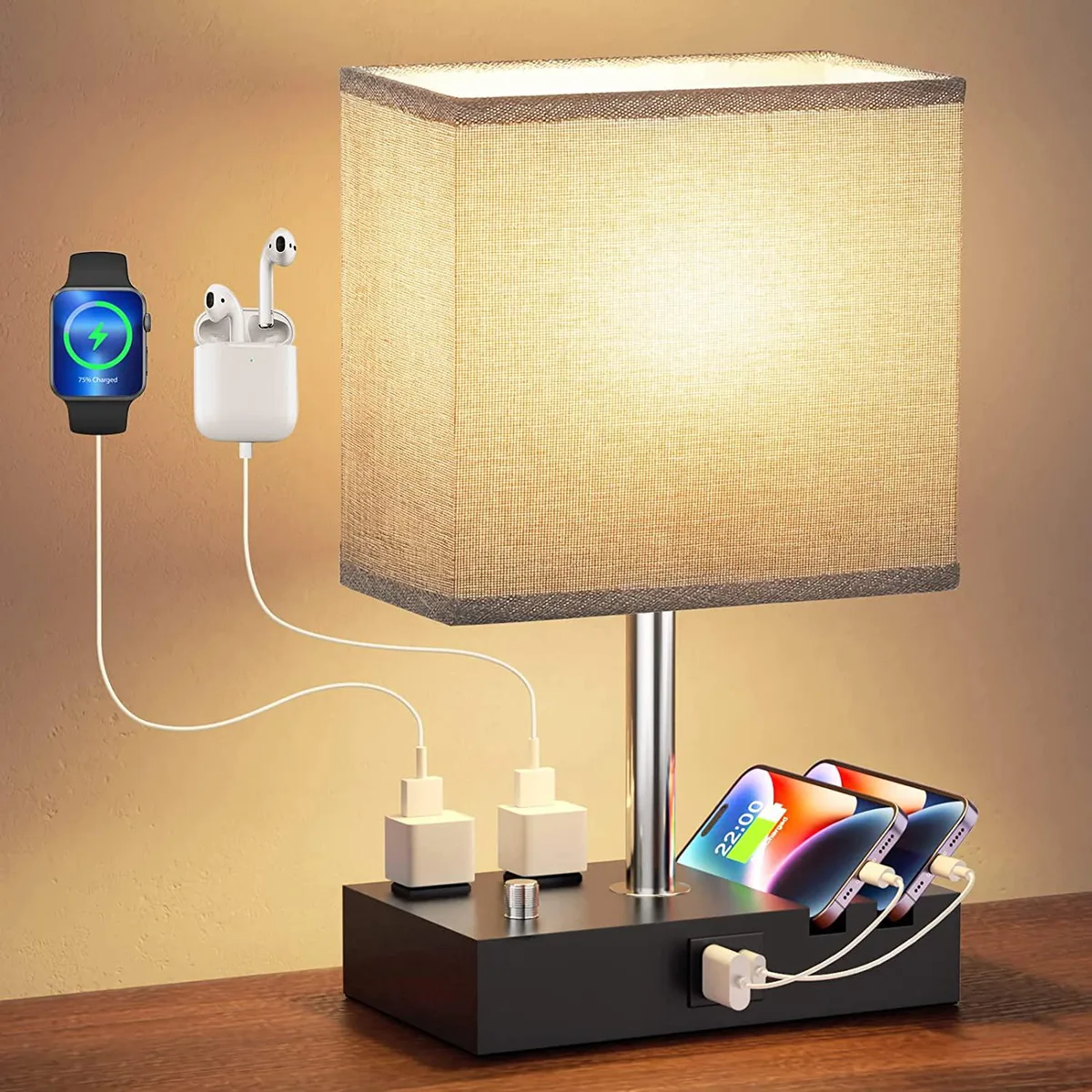 Grey table lamp wooden base fabric shade USB ports phone stand 13.4 inch