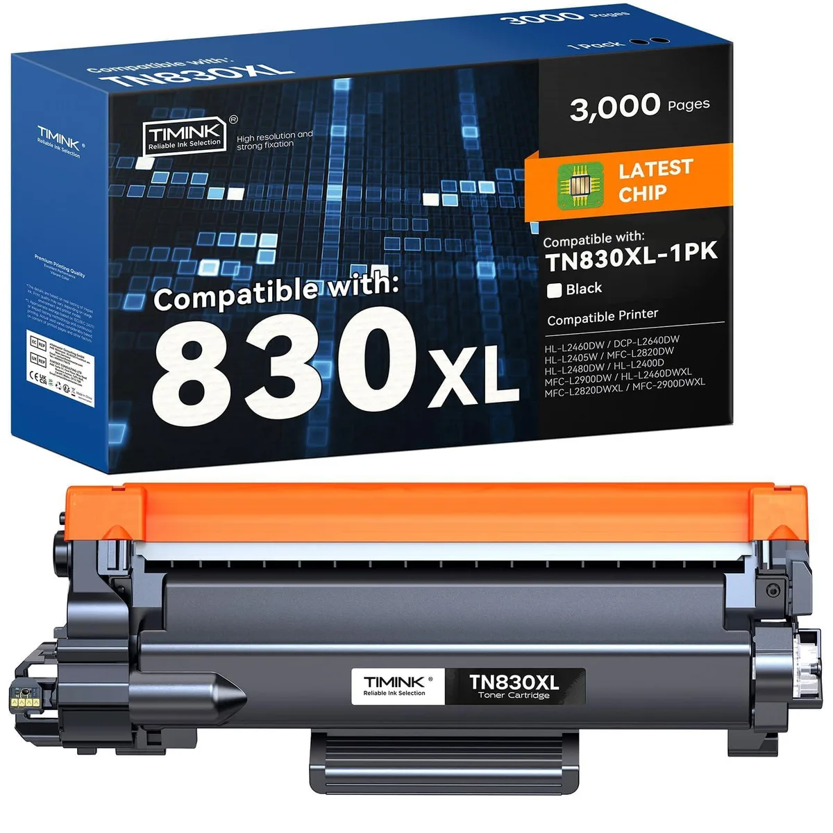Black rectangular toner cartridge with green chip and plastic housing