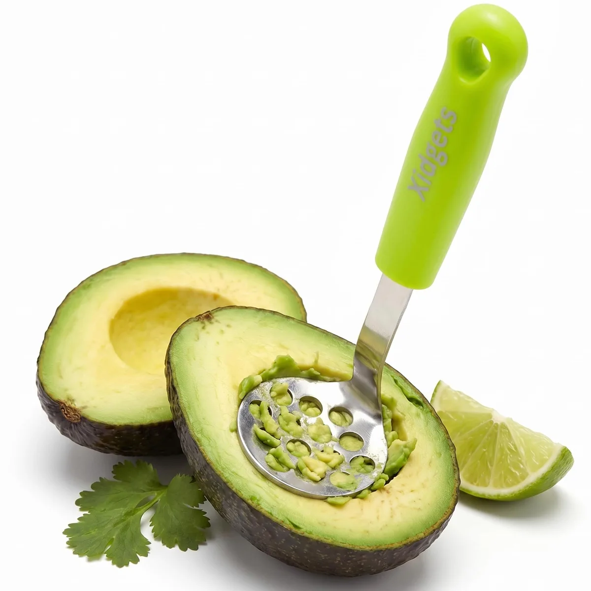 Green stainless steel mini masher, 7 inch handle with textured head