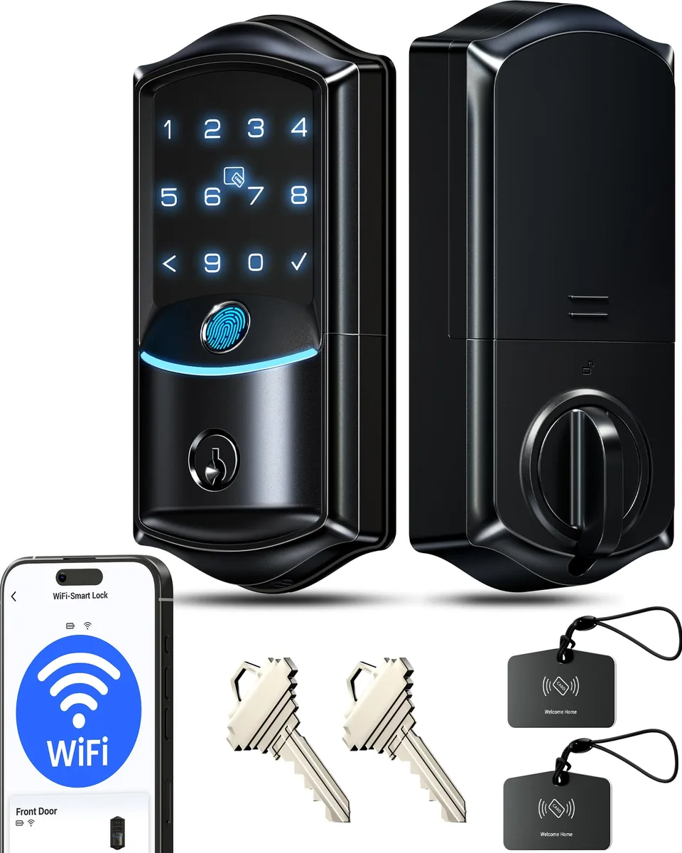 Matte black aluminium smart deadbolt with fingerprint sensor and keypad