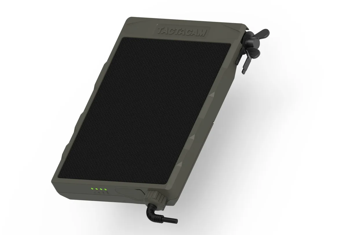 Rectangular tan solar panel with integrated bracket, 6.3 by 2.0 by 8.3 inches