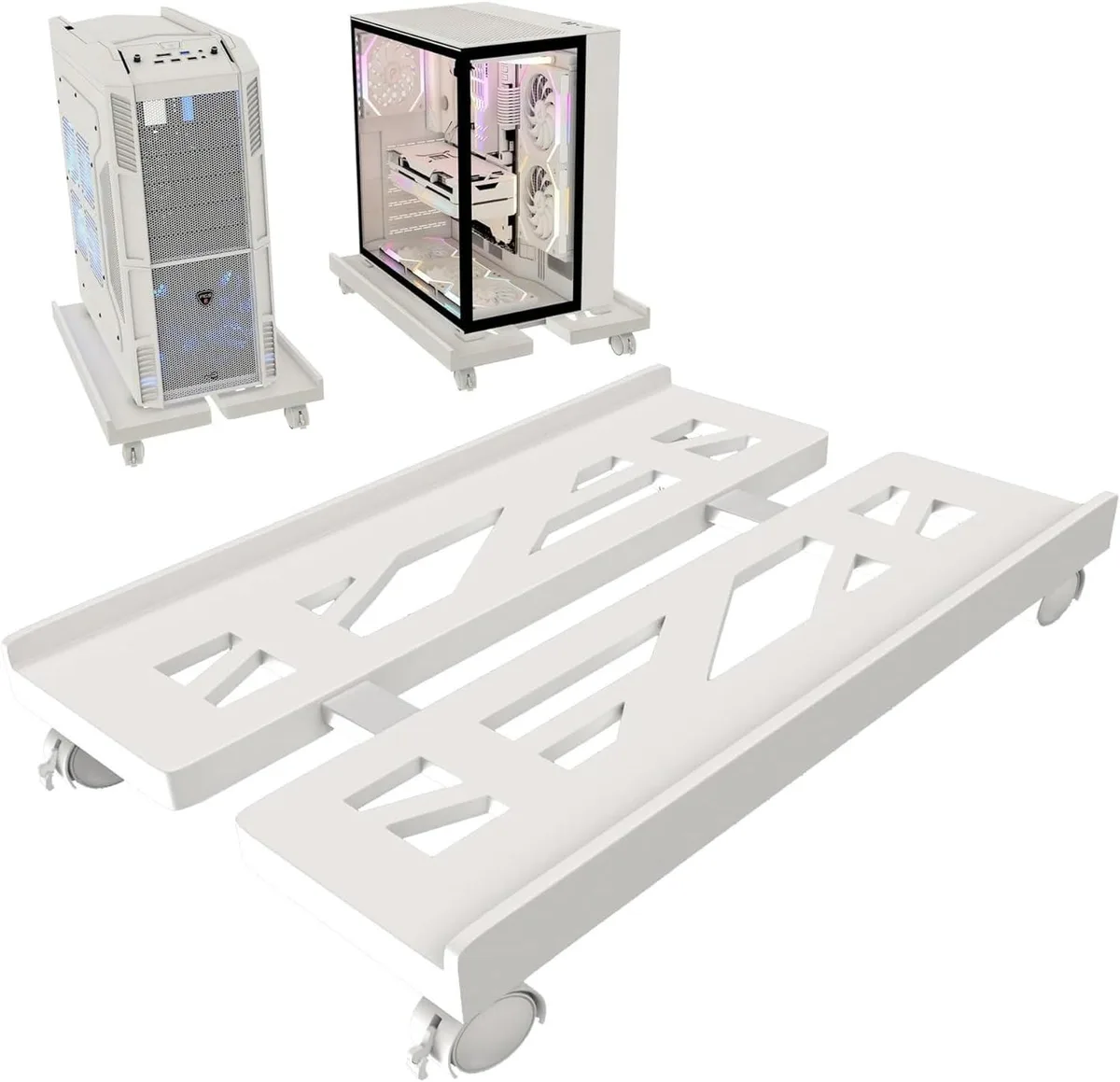 White adjustable steel CPU tower stand on four lockable caster wheels