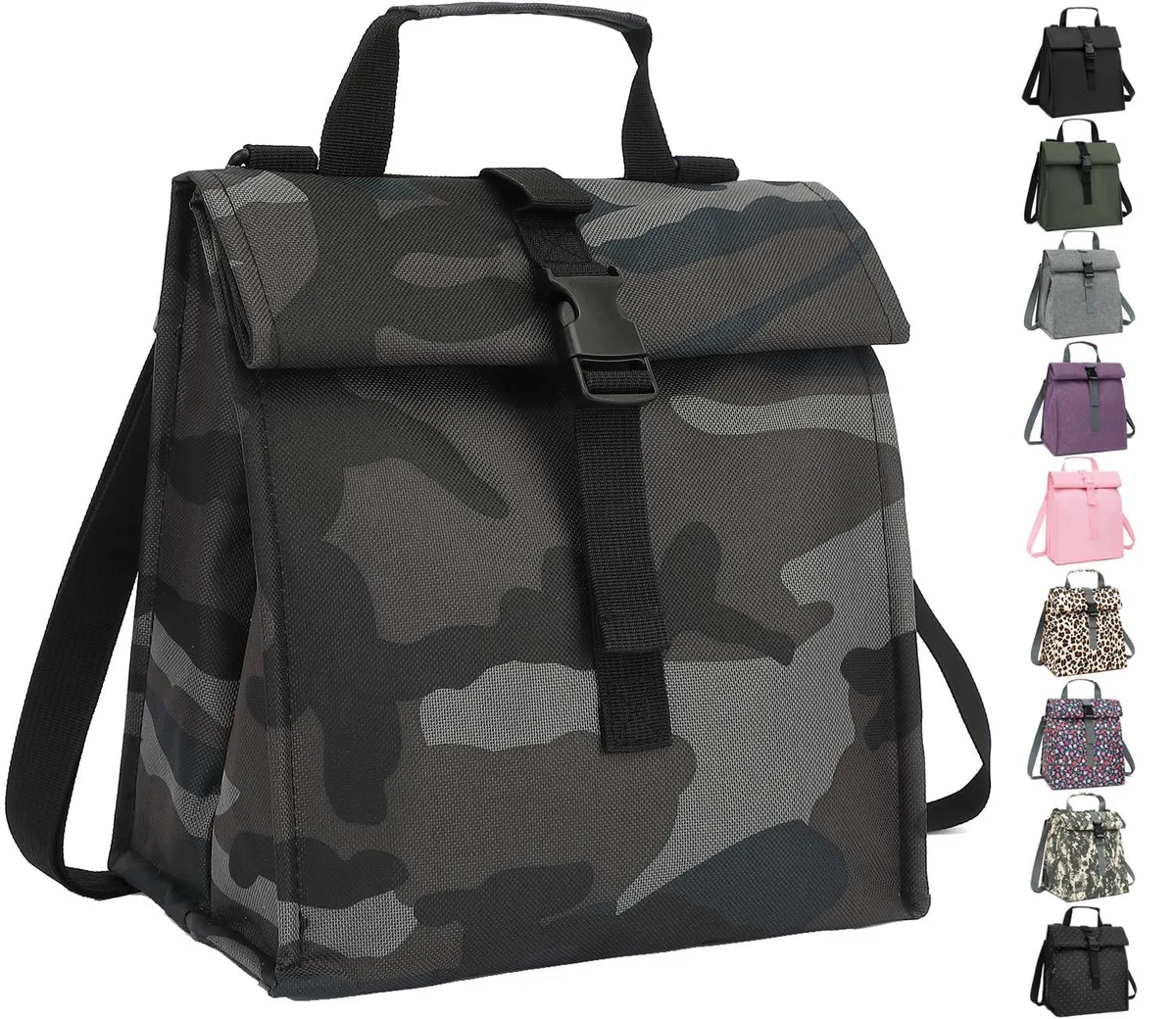 Black camouflage insulated lunch bag with roll-top closure and adjustable shoulder strap