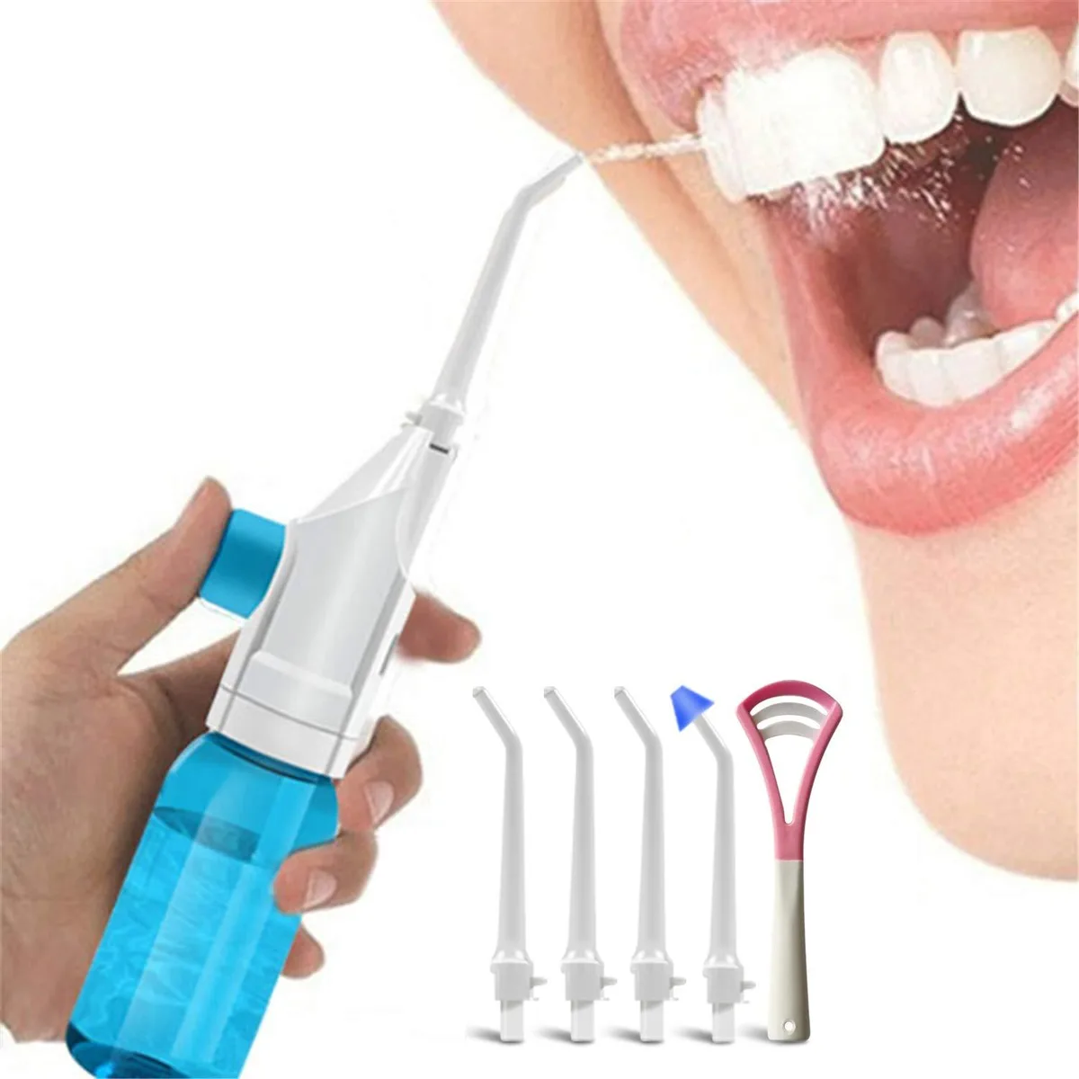 A set of five interchangeable nozzles and a tongue scraper with 360° rotatable tips