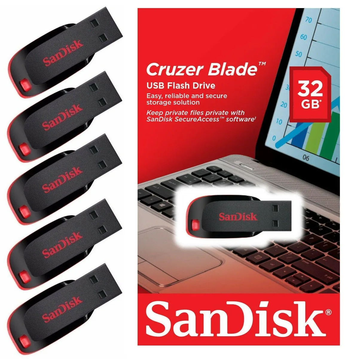 SanDisk SanDisk Cruzer Blade 32GB USB 2.0 flash drive 5-pack SDCZ50-032G-A46 — product photo