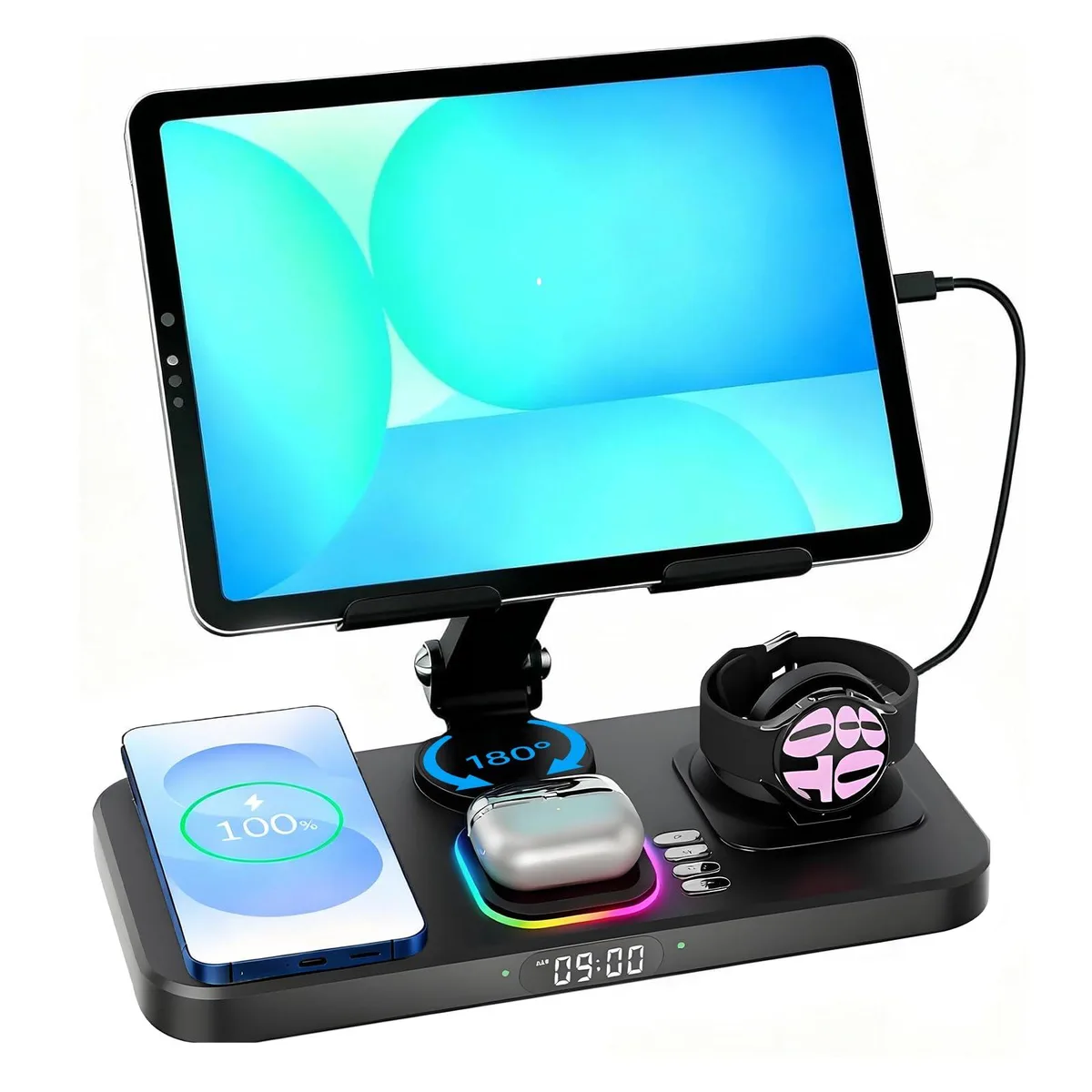 Black foldable wireless charging station with clock display and 7-color ambient light