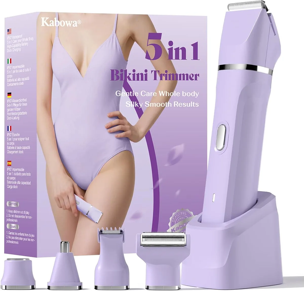 Purple handheld trimmer with interchangeable heads, compact ergonomic shape