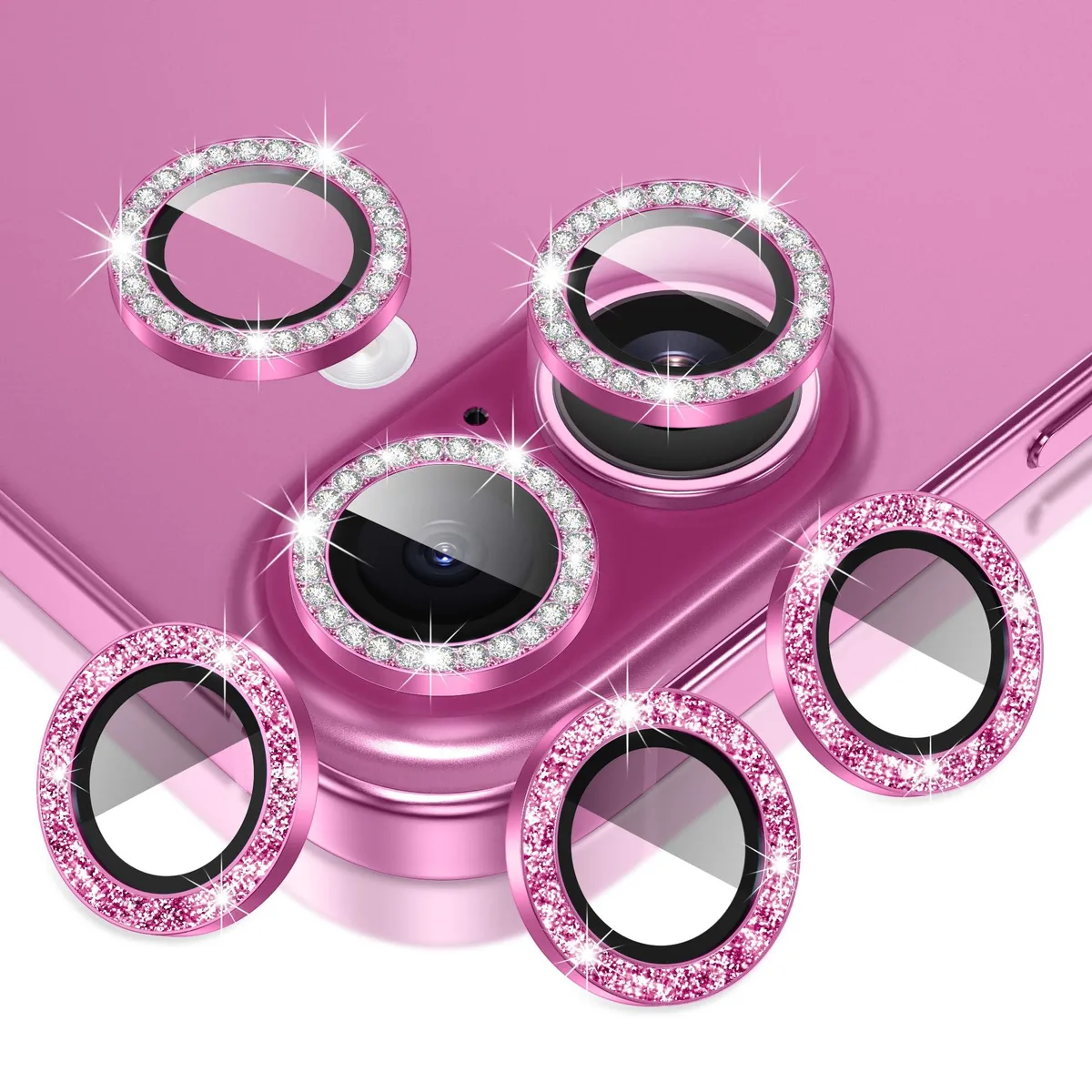 Six clear glass lens protectors with sparkling decorative rings on a light background