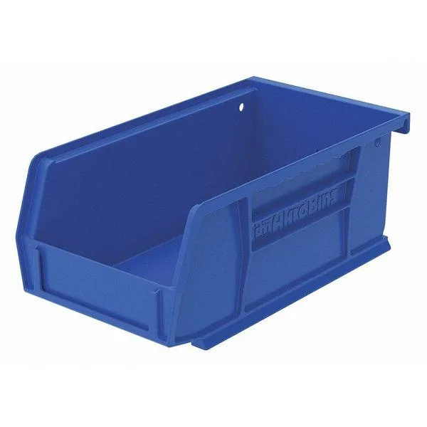 Blue plastic rectangular storage bin with open top and front lip