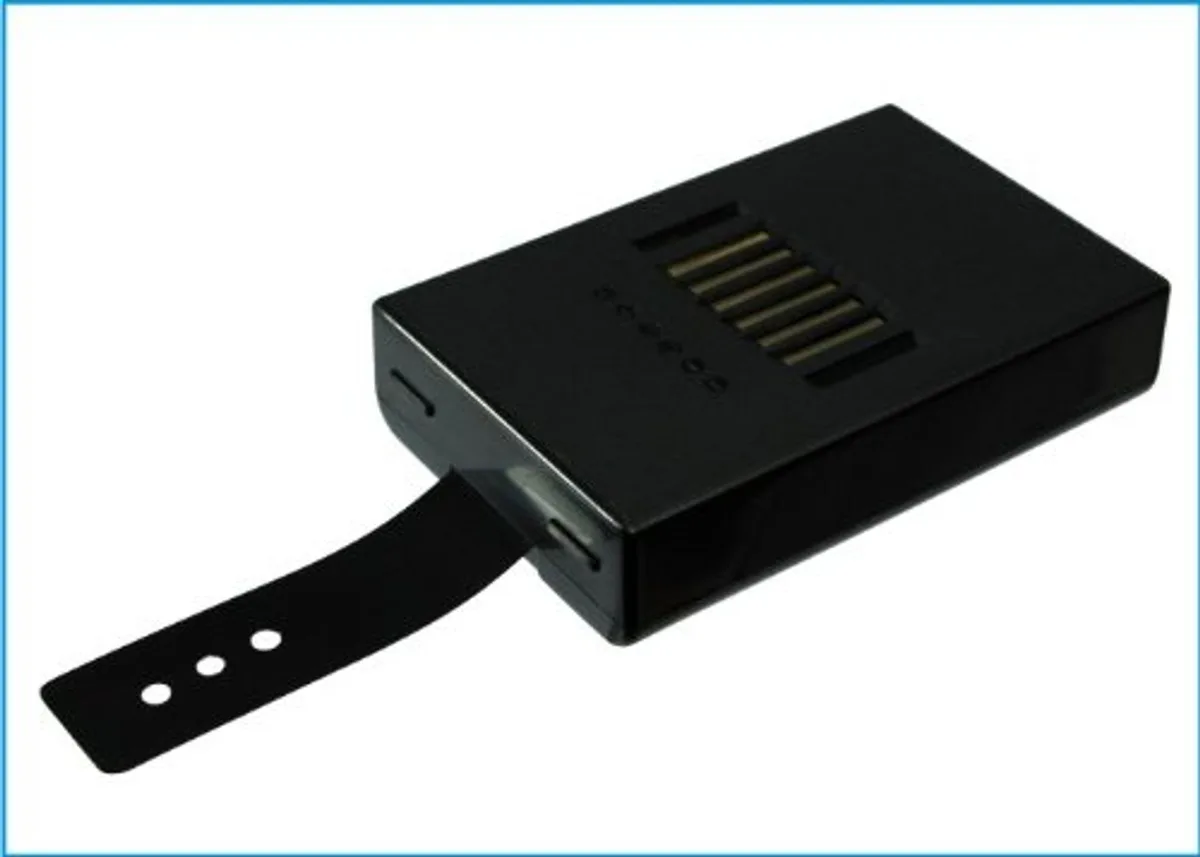 Rectangular black battery pack, 58 by 36 by 14 millimetres, two wire leads