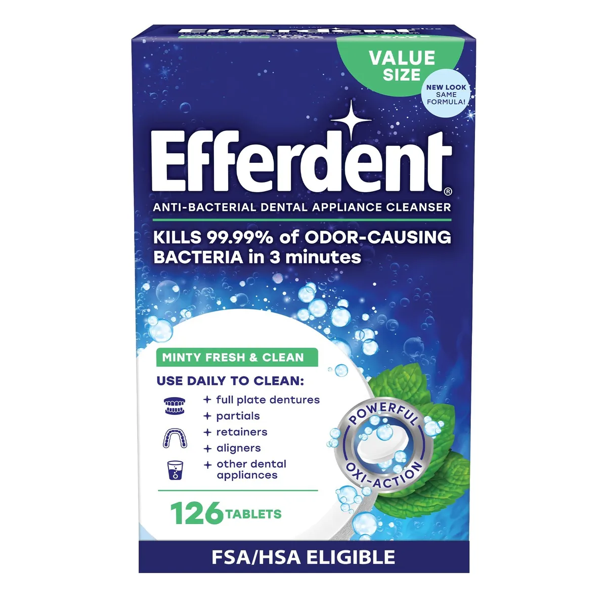 White box with blue accents holding 126 mint tablets