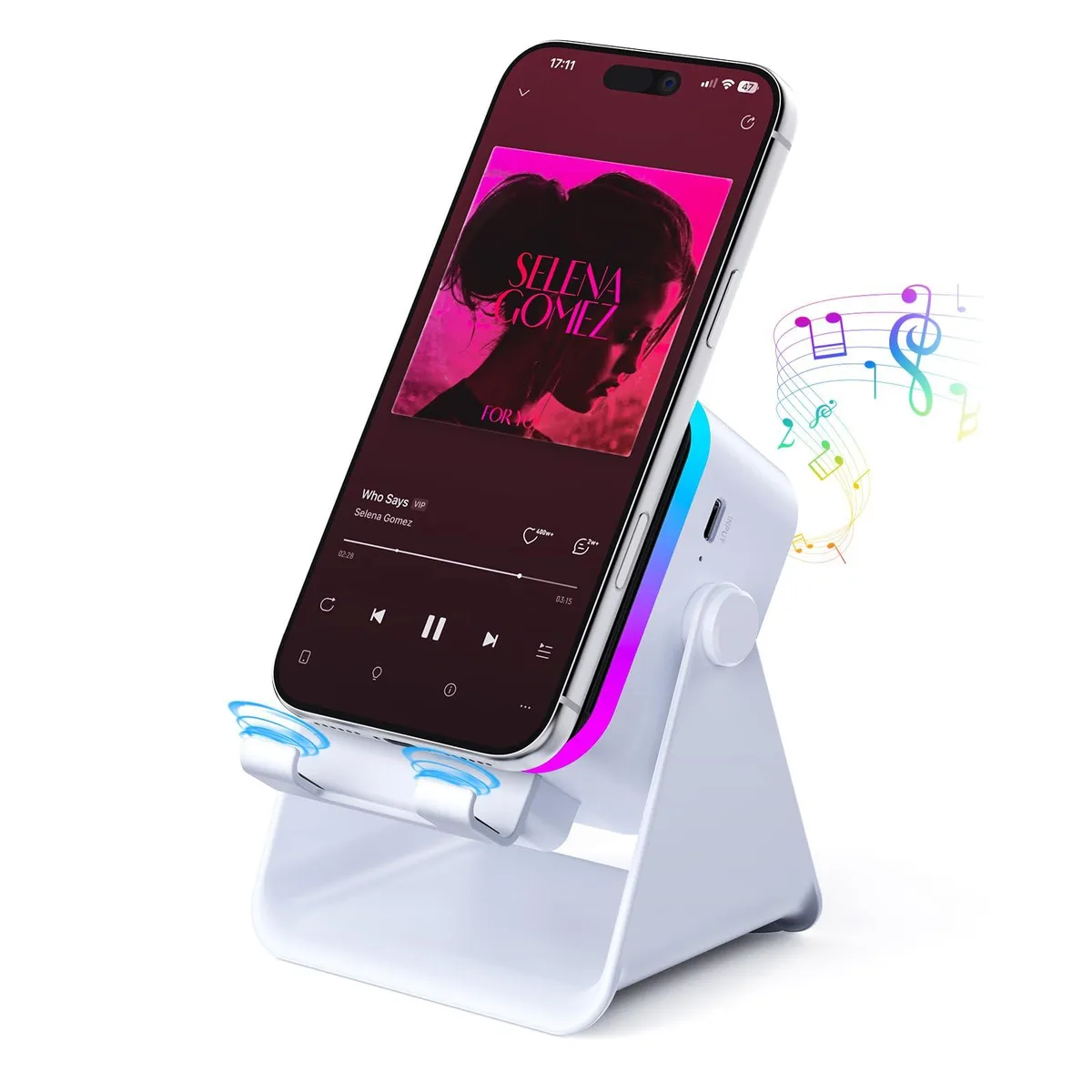 White rectangular induction speaker with phone stand, RGB light ring, and rounded edges