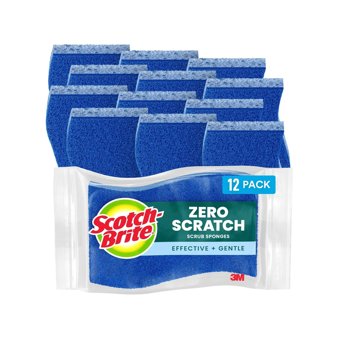 Twelve rectangular yellow and green sponges in clear packaging