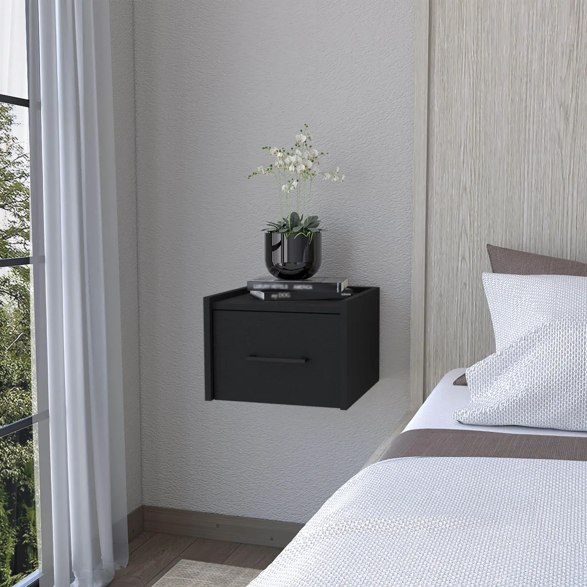tuphen tuphen Elfrida Wall-Mounted Nightstand Single Drawer 12.3"W 4.7"H 10.1"D Black — product photo