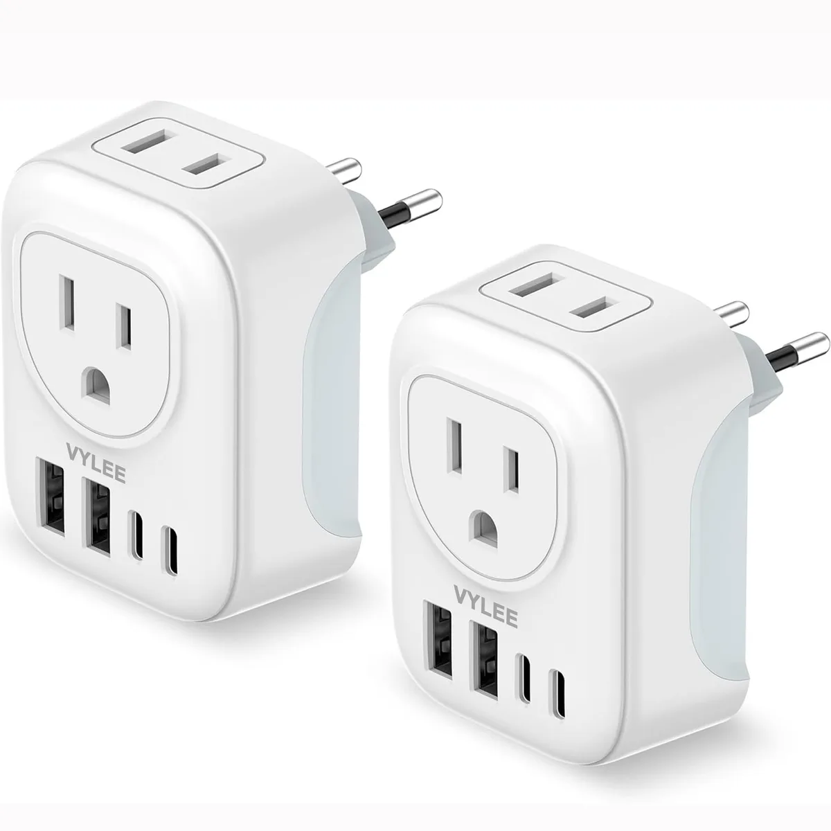 Two white travel adapters with US outlets and USB ports
