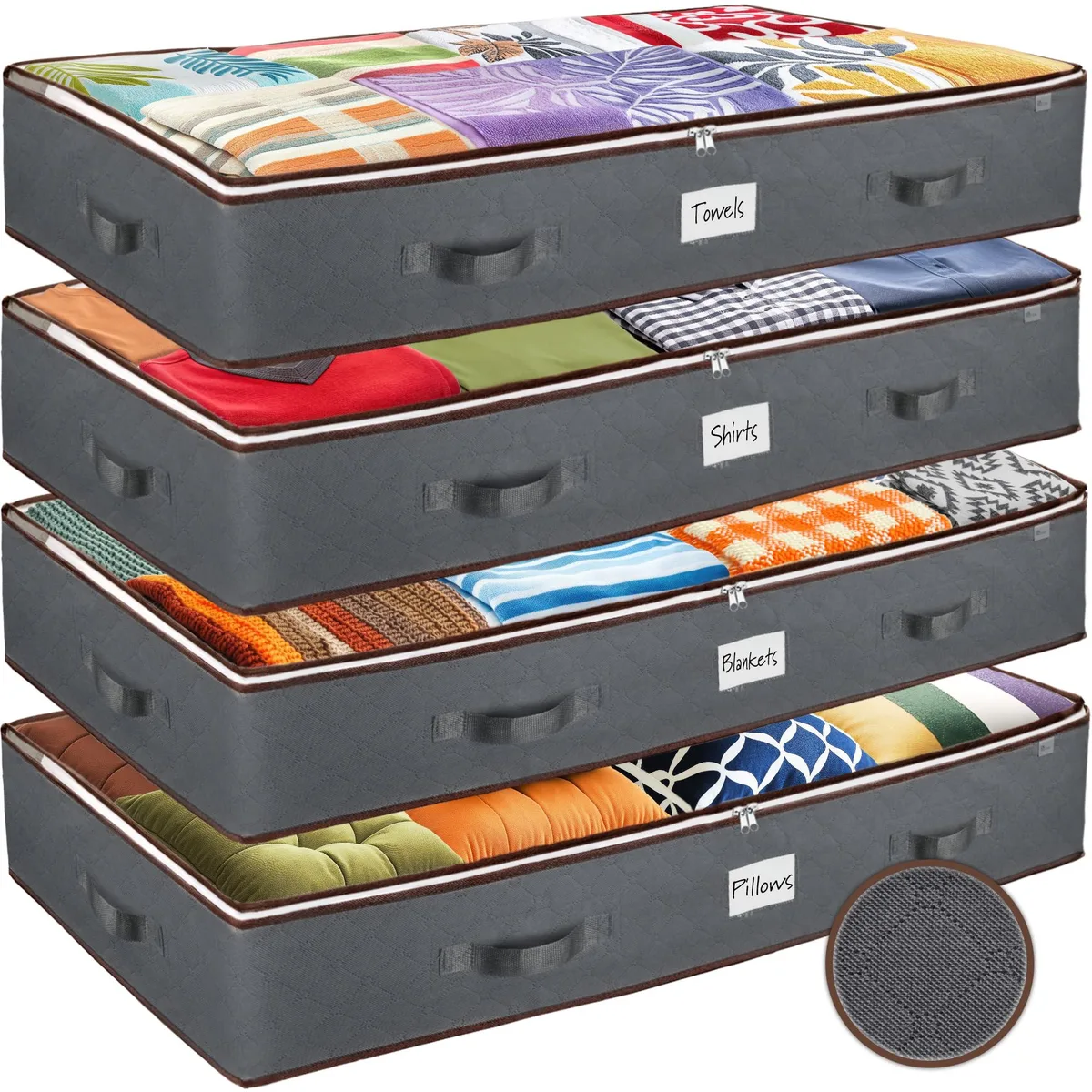 Four grey fabric storage bags with clear tops and handles