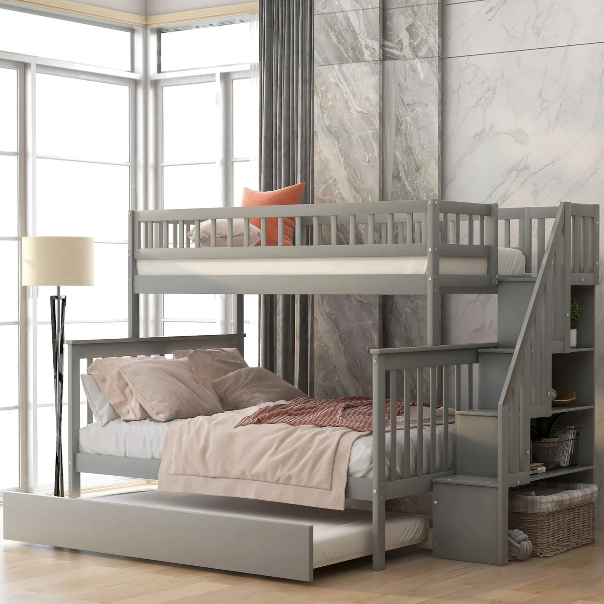 Gray pine twin-over-full bunk bed with staircase, trundle and storage shelves