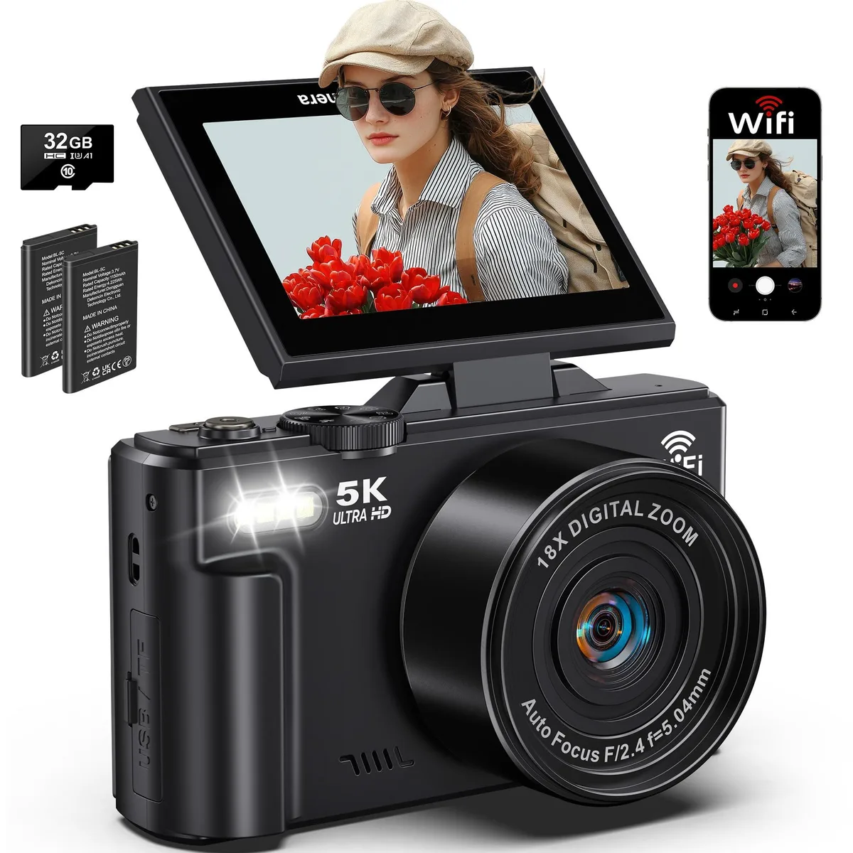  Lacegre DC080-01A 75MP 18x zoom 3" flip screen compact camera — product photo