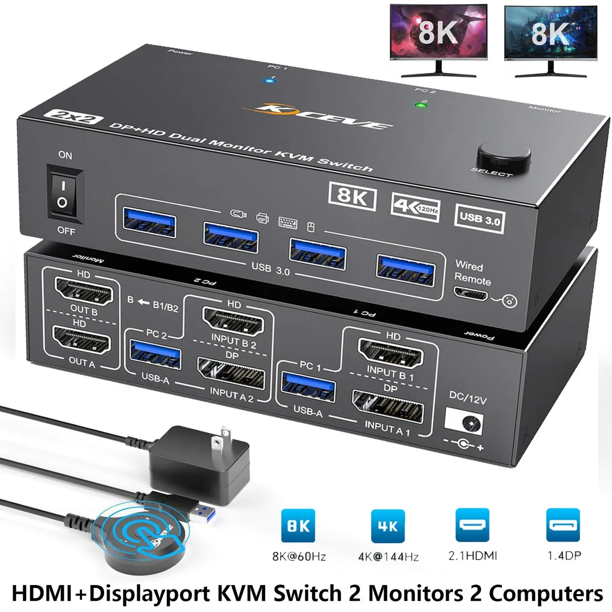 Hitoor Hitoor 8202DH HDMI+DP KVM Switch 2PC 2Mon 8K60 4K144 USB3.0 — product photo