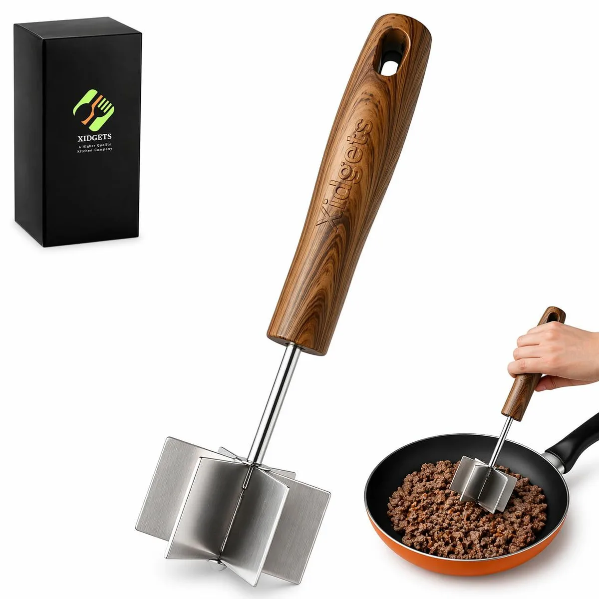 Stainless steel meat chopper with walnut veneer handle