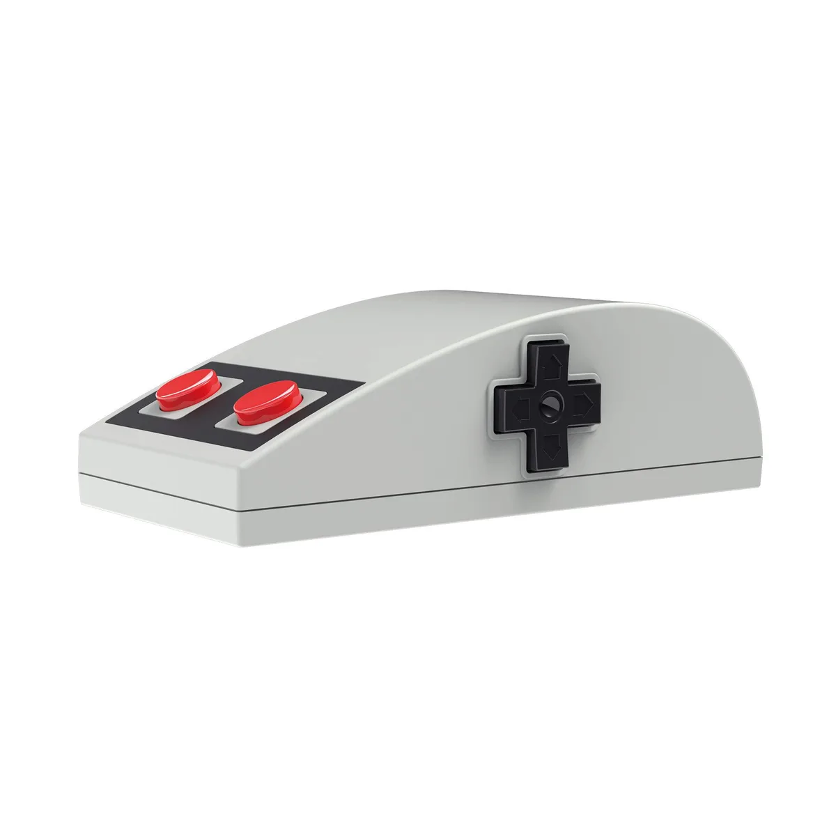 Compact rectangular mouse in NES grey and red with D-pad navigation and rubber pad buttons