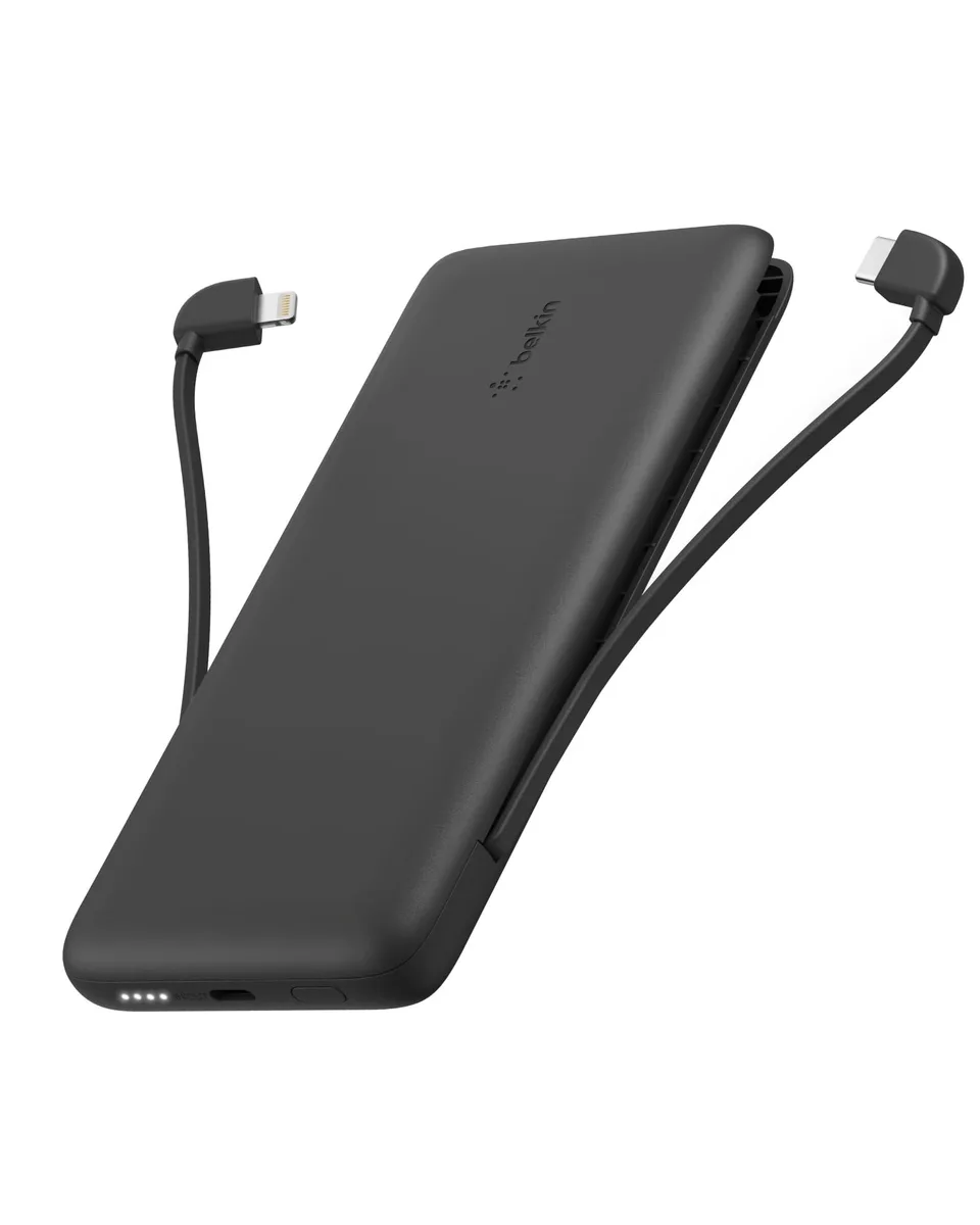 Belkin BPB006 10000mAh 23W power bank with USB-C and Lightning cables — product photo