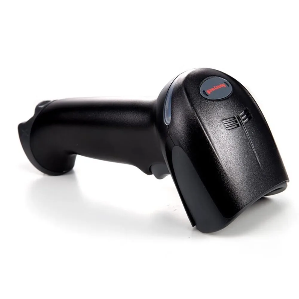 Black handheld barcode scanner with USB cable attached