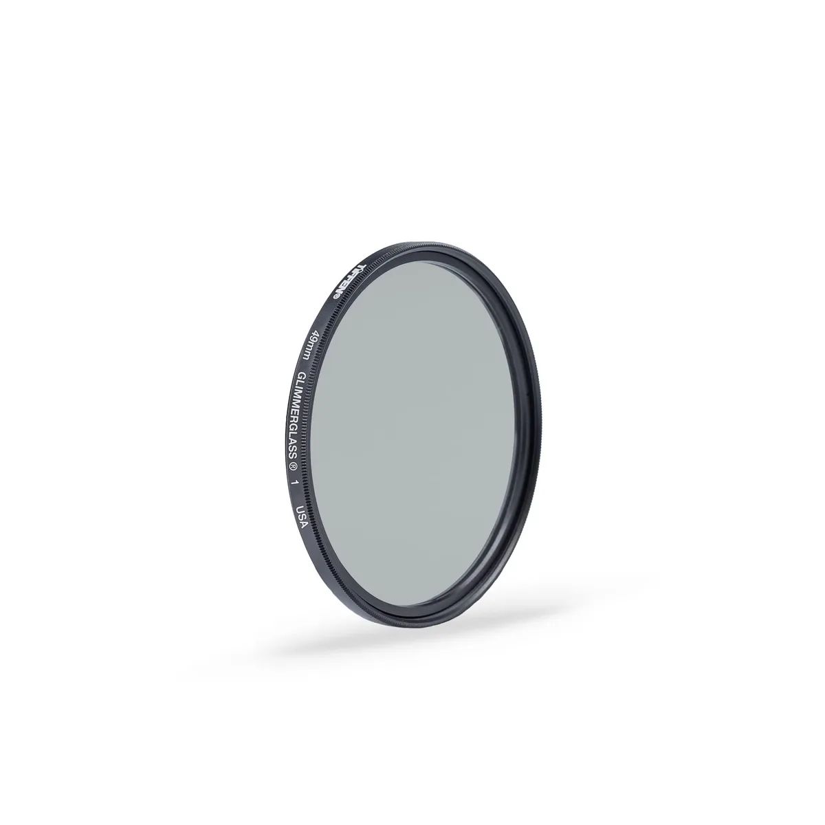 Round silver camera filter with glittering glass surface in 49mm size