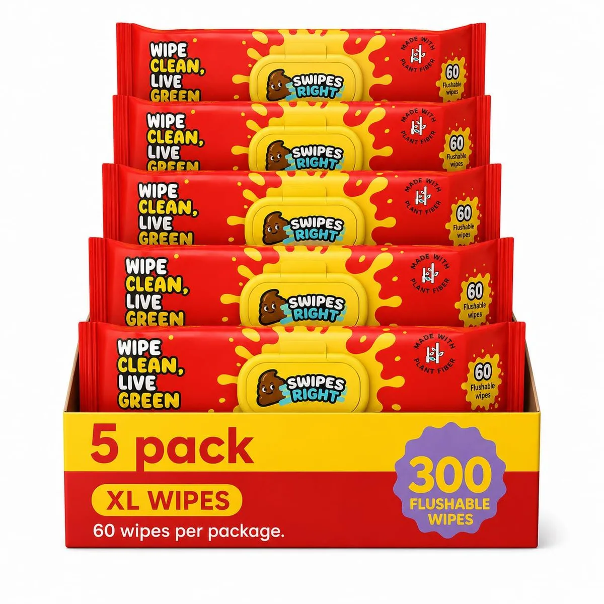 Five rectangular packs of white flushable wipes in plastic packaging