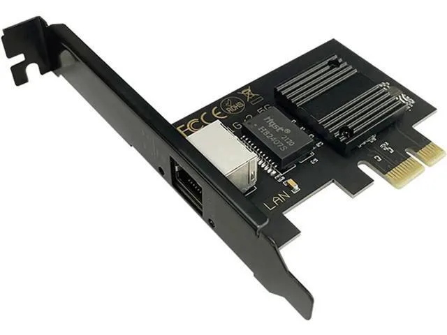 Green circuit board with silver RJ45 port and gold PCIe edge connector