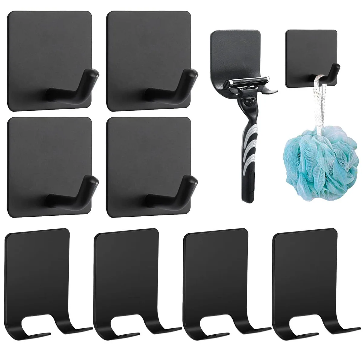 Eight black adhesive hooks and razor holders on a white background