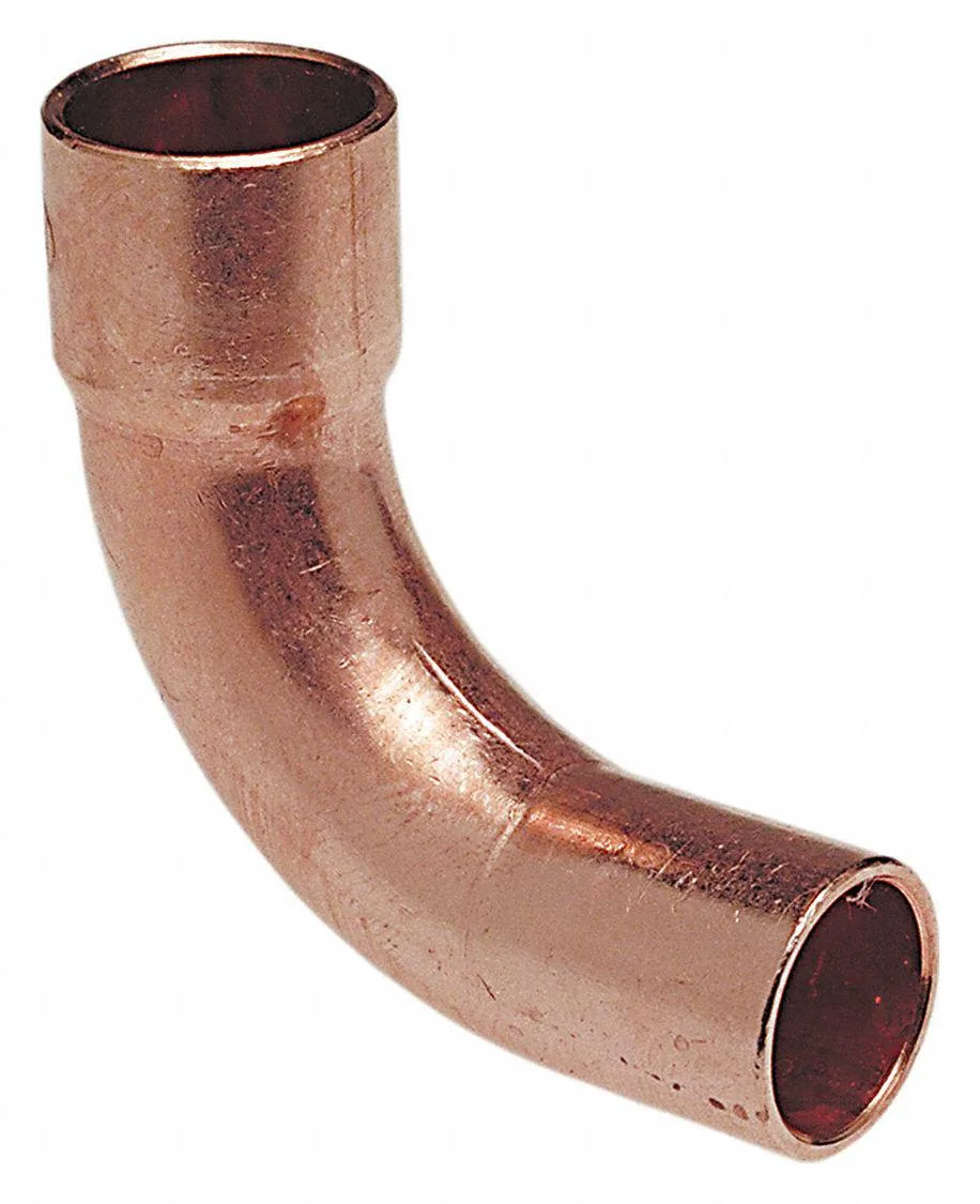 Copper 90-degree long-radius elbow fitting, 5/8 inch tube size, shiny metallic finish