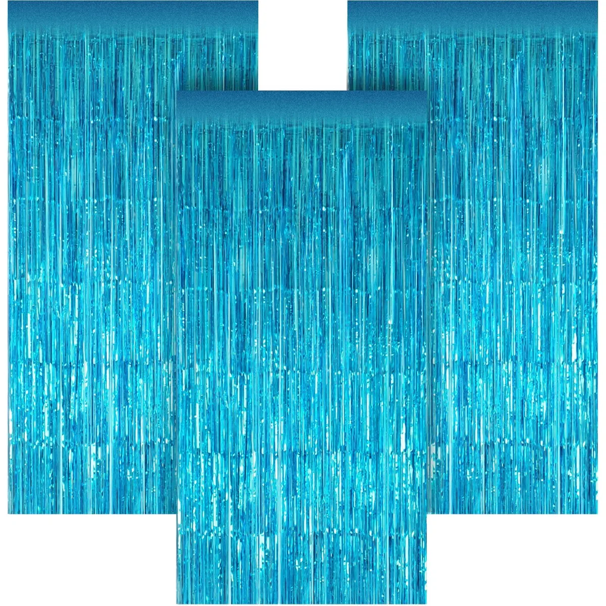 Three light-blue metallic tinsel foil fringe curtains, each 3.28ft wide by 6.56ft long, stacked together