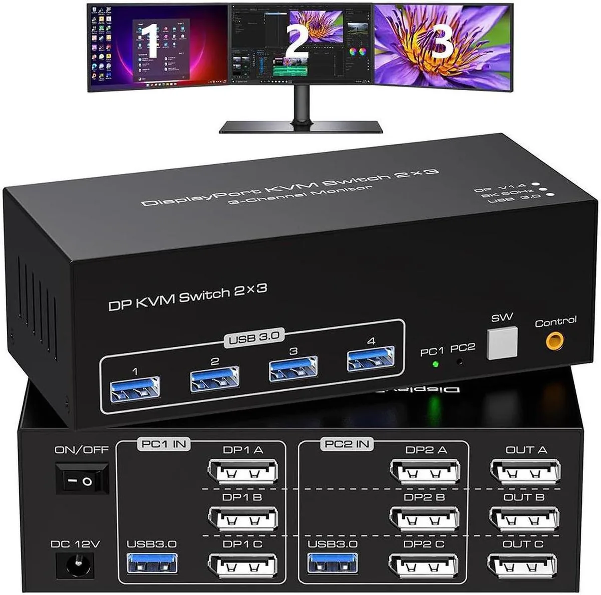 Vszerda Vszerda 8K 60Hz 4K 120Hz Triple Monitor KVM Switch 2 PC 3 DP 4 USB 3.0 — product photo