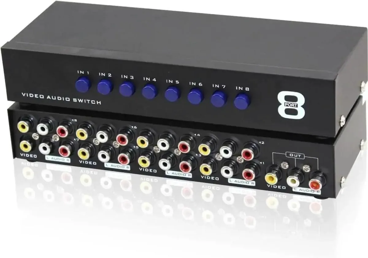 Compact black box with eight rows of red white yellow RCA jacks and push buttons with LEDs