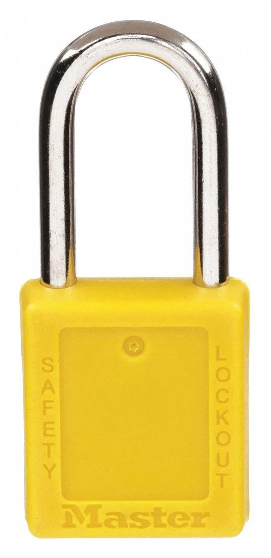 Yellow thermoplastic lockout padlock with metal shackle and "Danger" header
