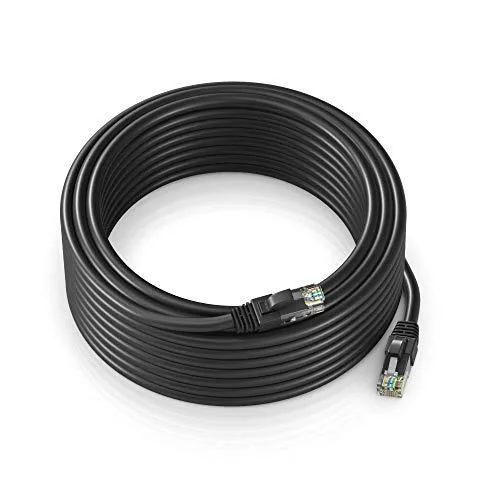 Black CAT6 Ethernet cable with RJ45 connectors, 100 ft outdoor waterproof jacket