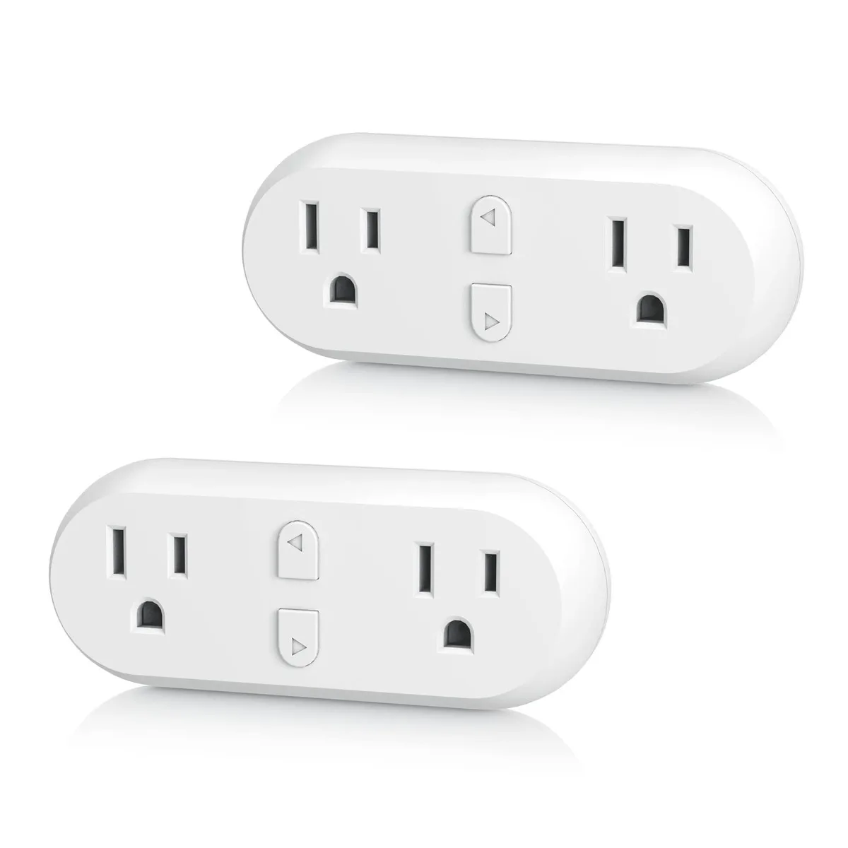 White rectangular dual-outlet smart plug with compact dimensions and indoor rating