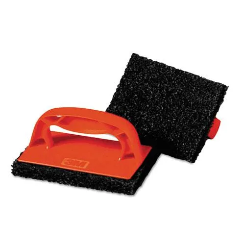 Red and black rectangular griddle scrubber with integrated handle