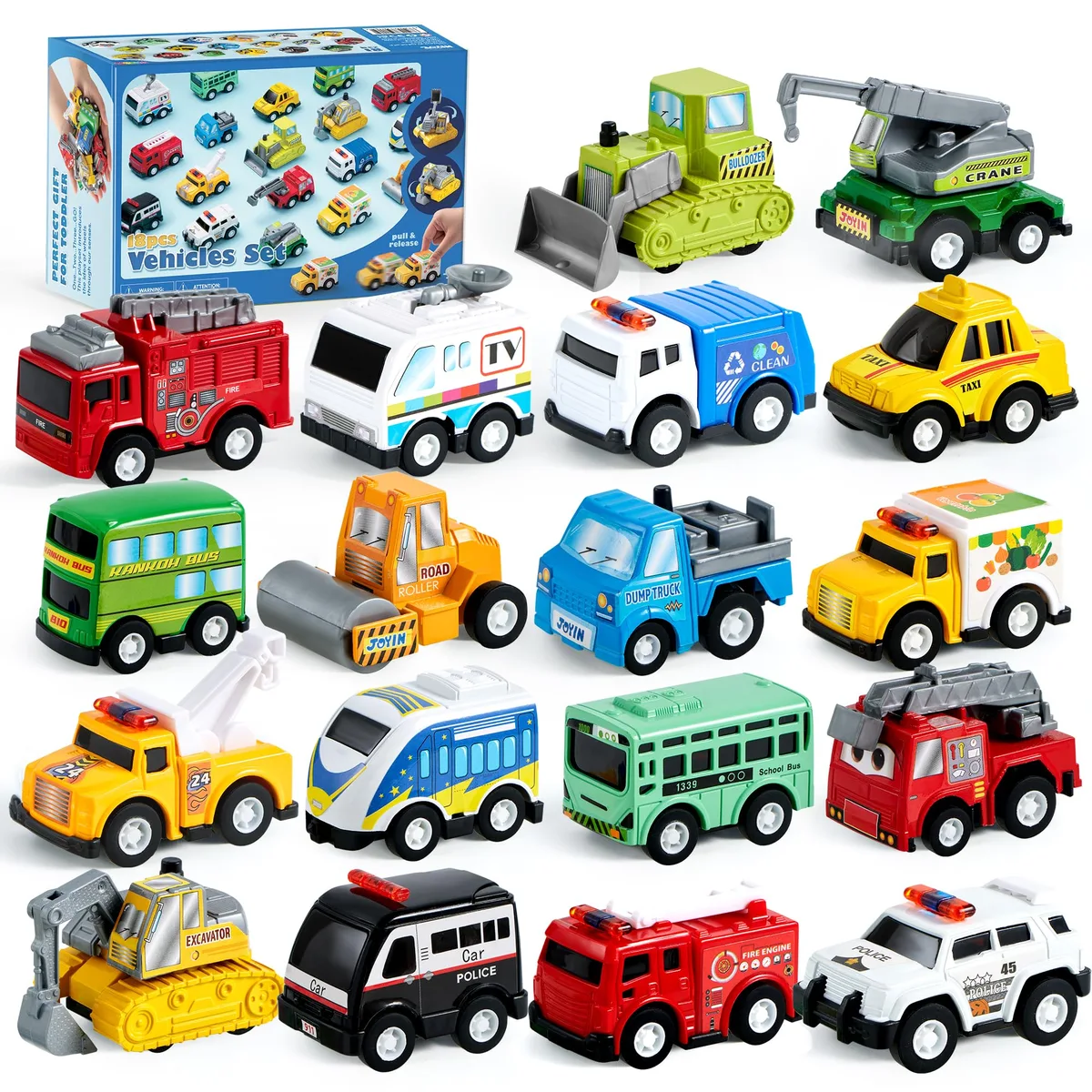 Eighteen small diecast city vehicles in bright colours, pull-back wheels visible