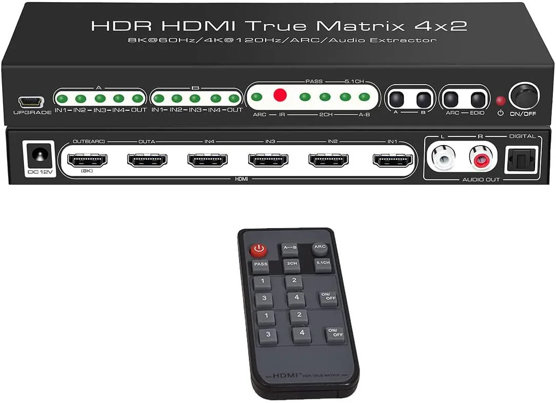Black 4x2 HDMI matrix switch with multiple ports