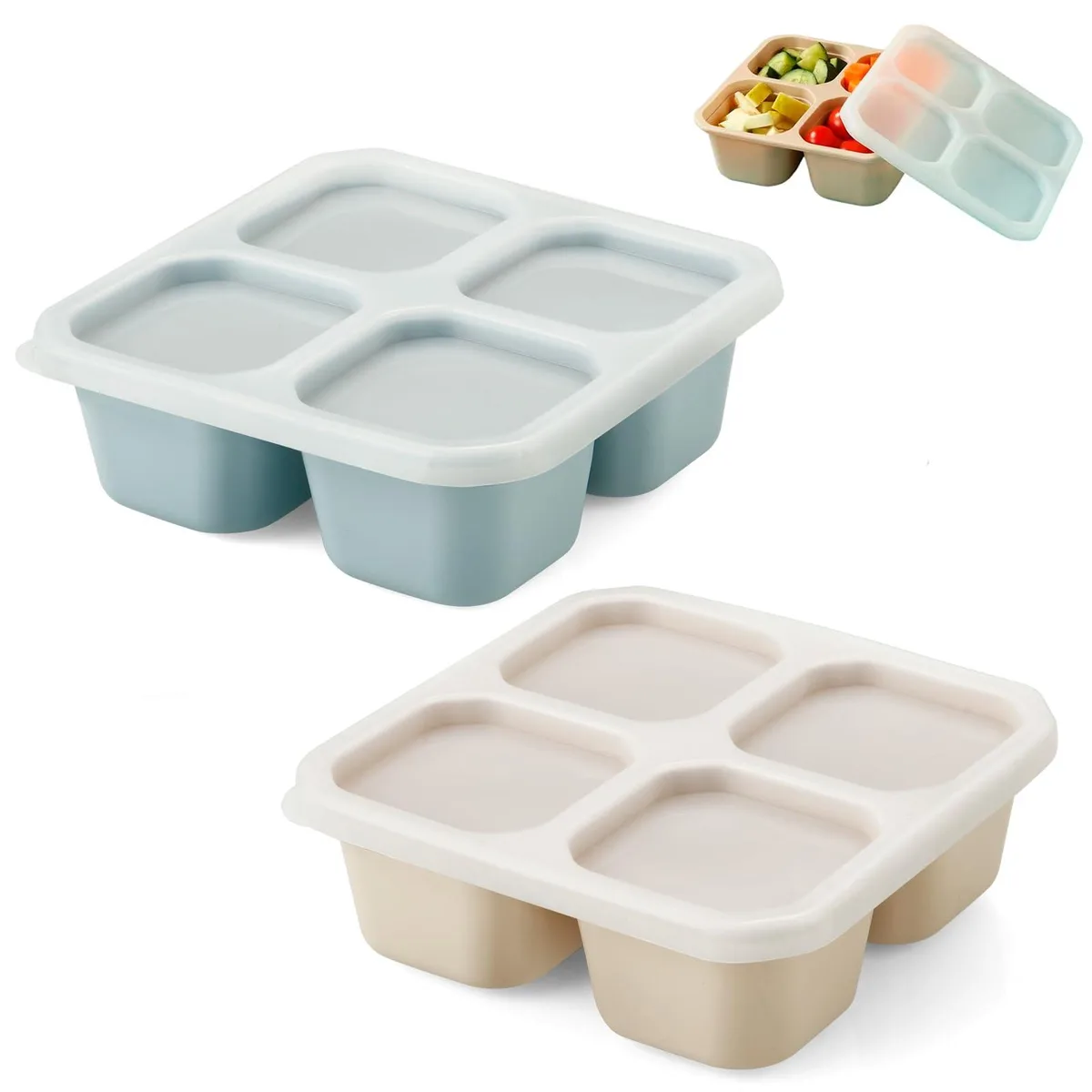 Two red silicone snack boxes with four compartments and lids