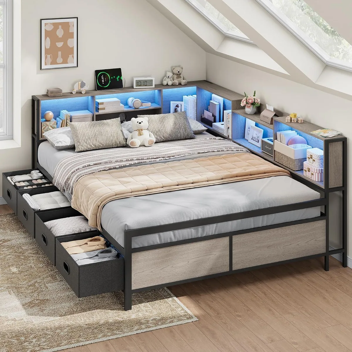 Gray metal L-shaped corner bed frame with LED light strips, built-in charging station