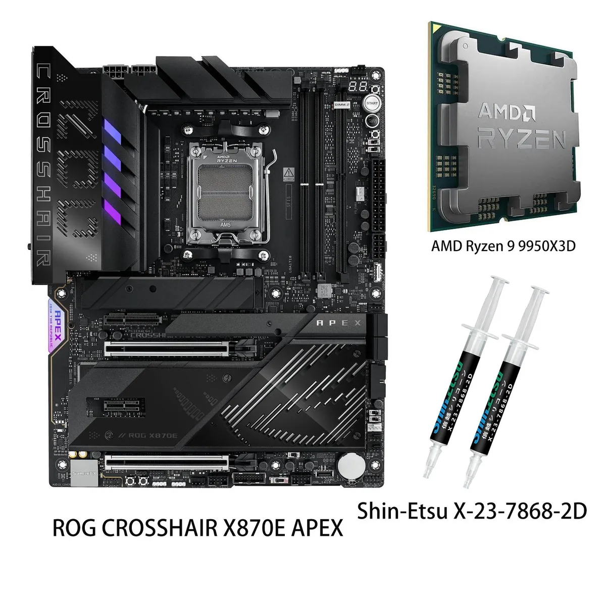 ASUS ASUS ROG CROSSHAIR X870E APEX AMD motherboard &amp; Ryzen 9 9950X3D CPU combo — product photo