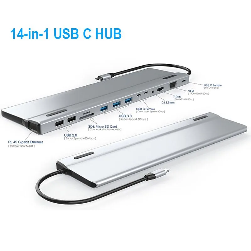 ESTONE ESTONE DS14IN1 14-in-1 USB-C Dock VGA HDMI DP PD3.0 Ethernet SD TF 5 USB Silver — product photo