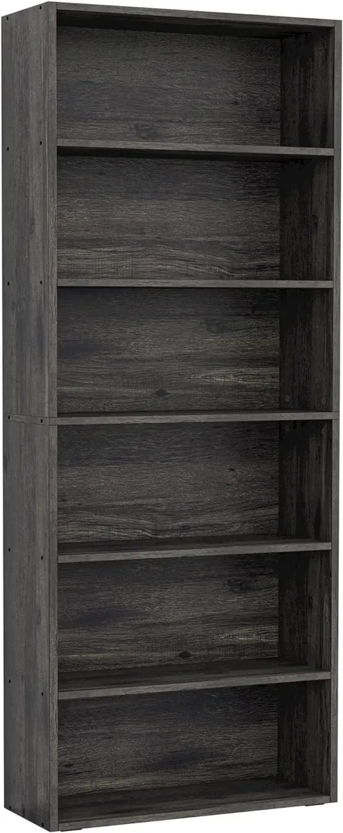 Tall six-tier grey bookshelf with open rectangular shelves