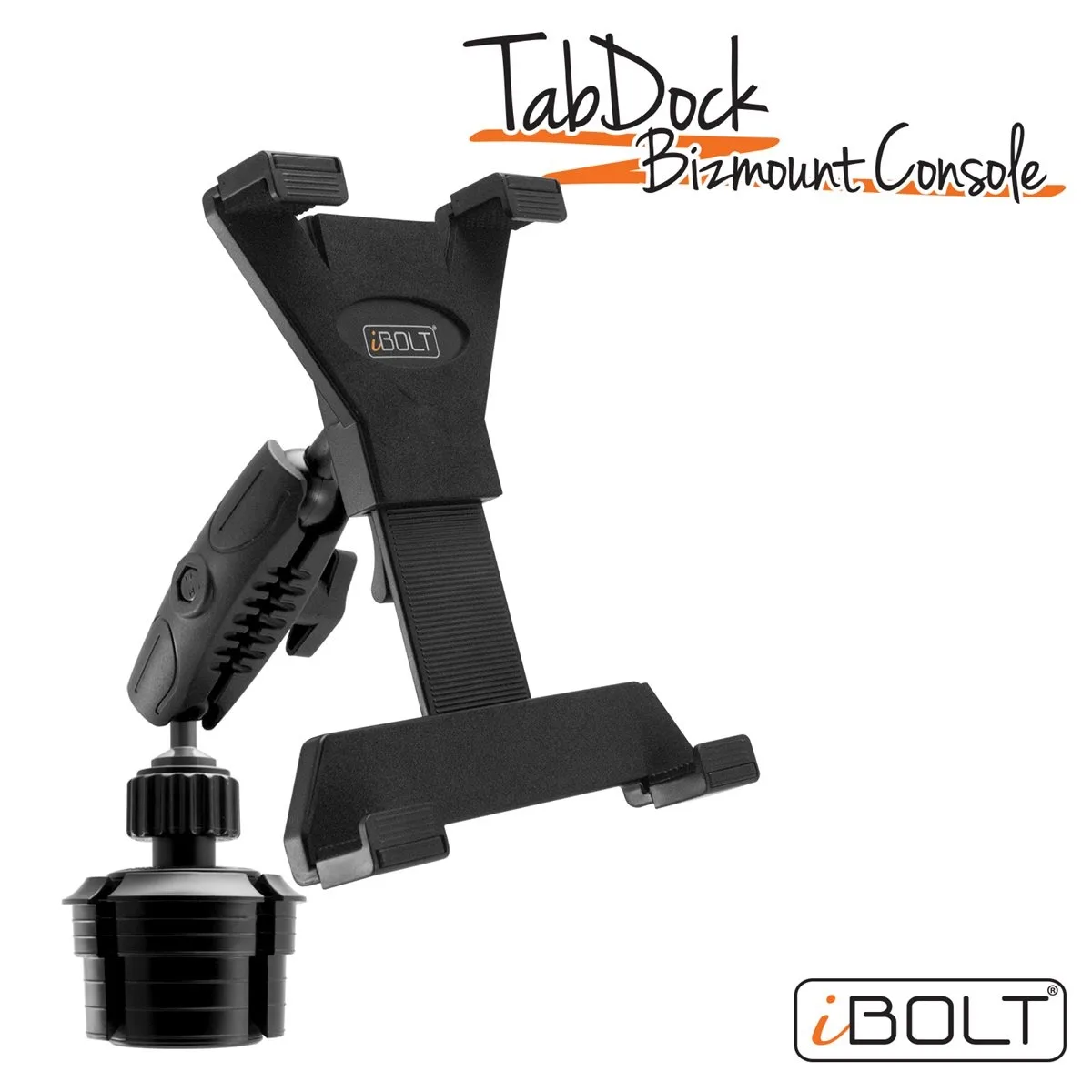 Black tablet cradle on expanding cup-holder base with dual ball joints